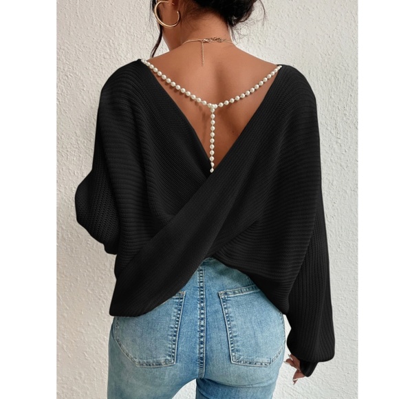 Black Backless Pearl Detail Oversized Knit Sweater Twisted Back Long Sleeve - Picture 2 of 7